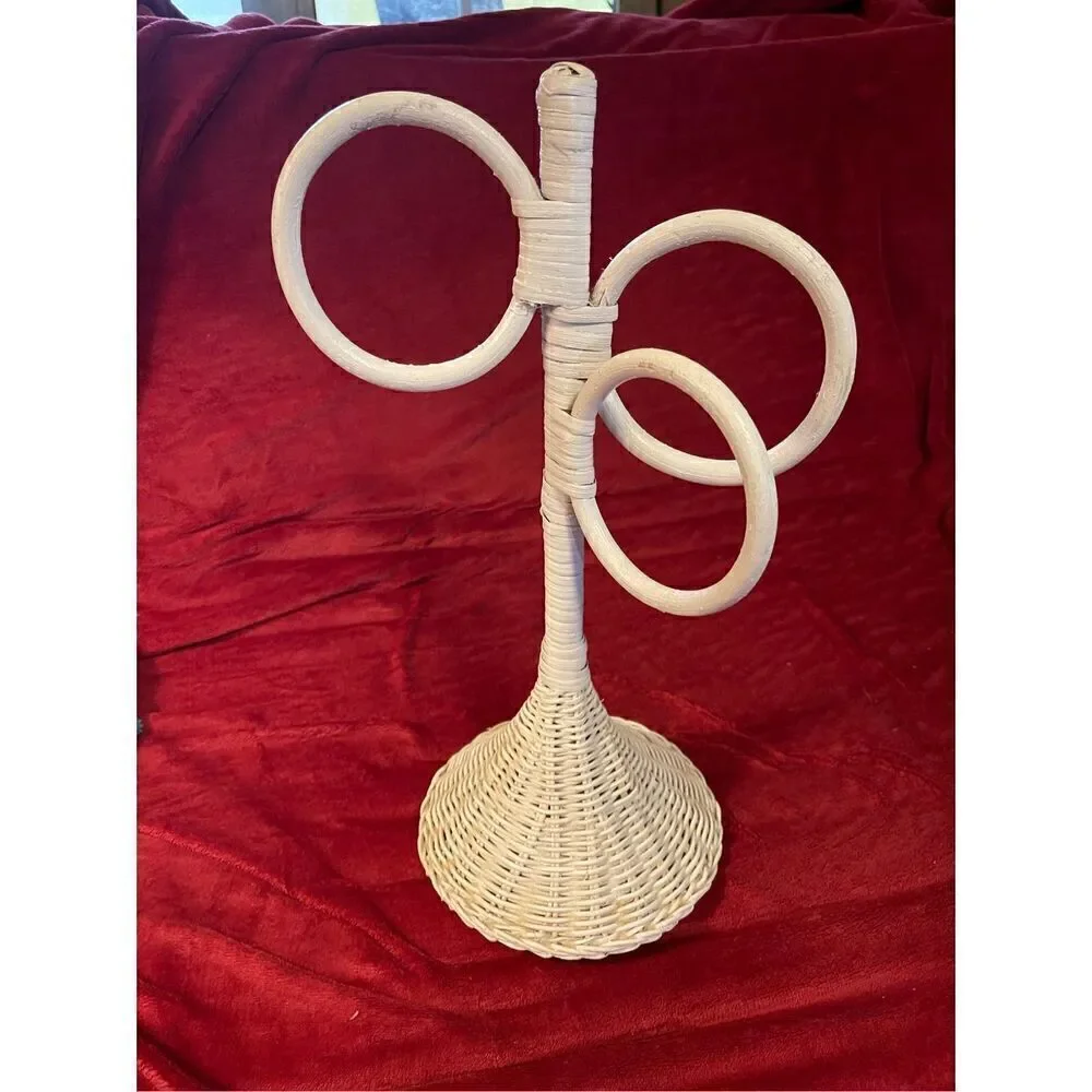 Vintage White Wicker Rattan 3 Towel Stand Holder